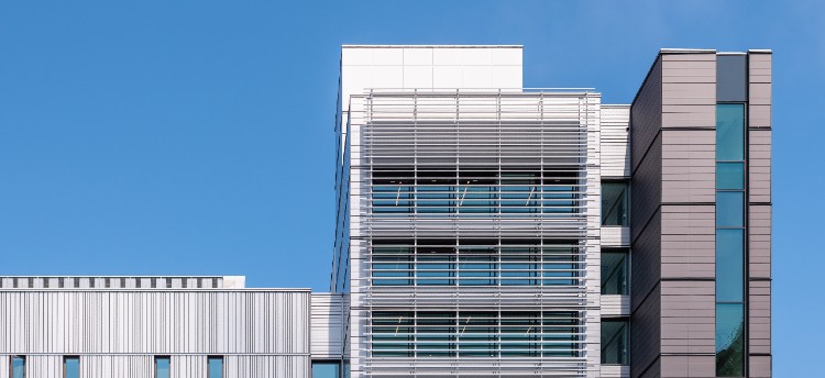 South view of Building 1 showcasing solar shading and glazed exit stair