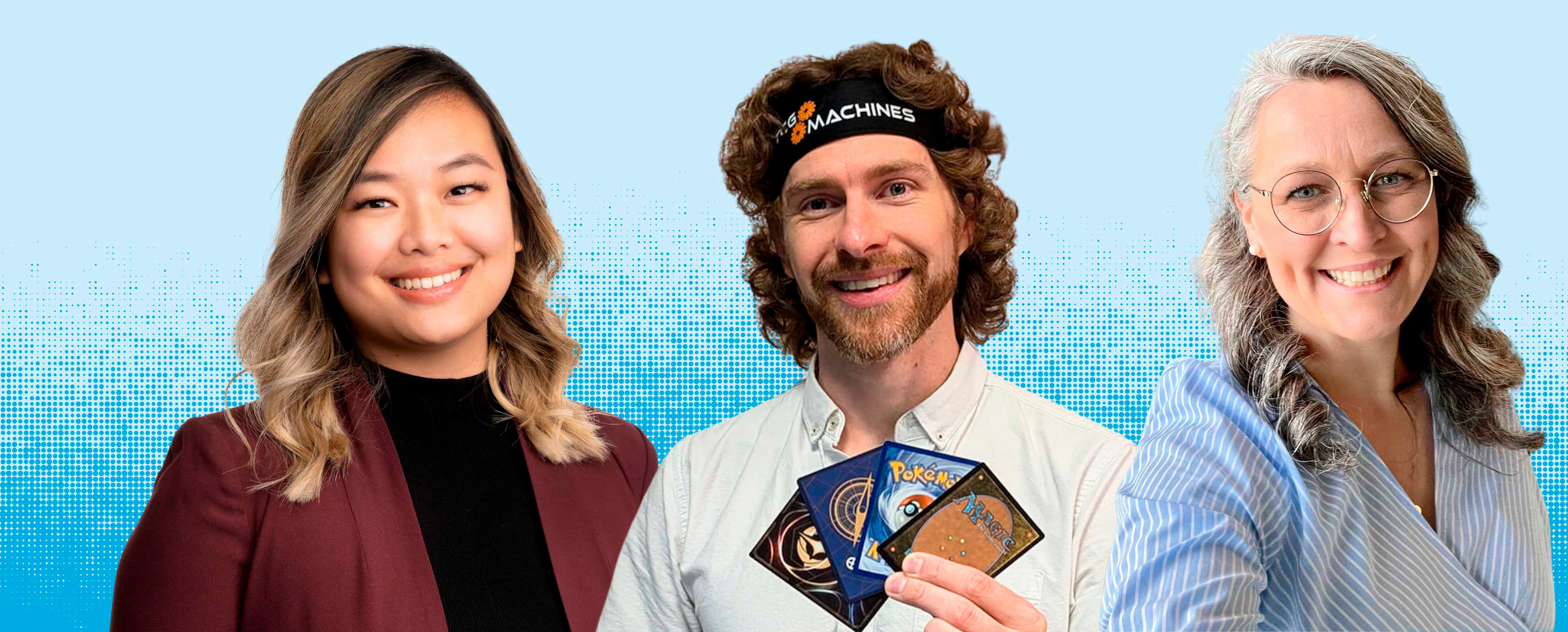 A combined photo of three people. On the left is a woman with a maroon blazer, in the middle is a man holding playing cards, and on the right is a woman with grey curly hair.