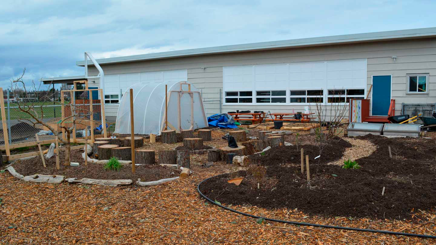 A photo of a community garden outside a school.