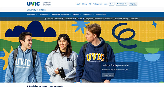 Screenshot of UVic homepage in the new web template