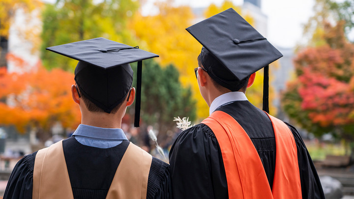 Two men stand in convocation gowns