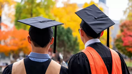 Two graduates in caps and gowns standing together, viewing autumnal trees, photographed from behind.