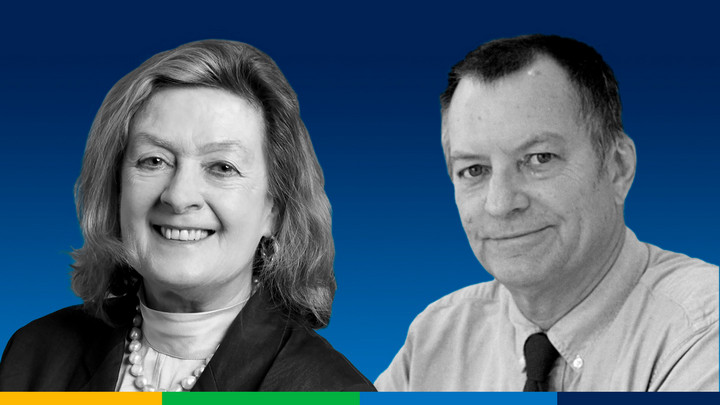 Collage of two people in black and white with a blue background
