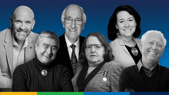 Group of people in black and white on a blue background
