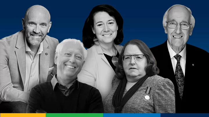 Collage of six people in black and white with a blue background