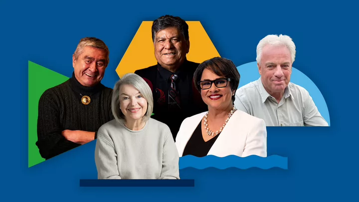 Collage of six people with a blue background