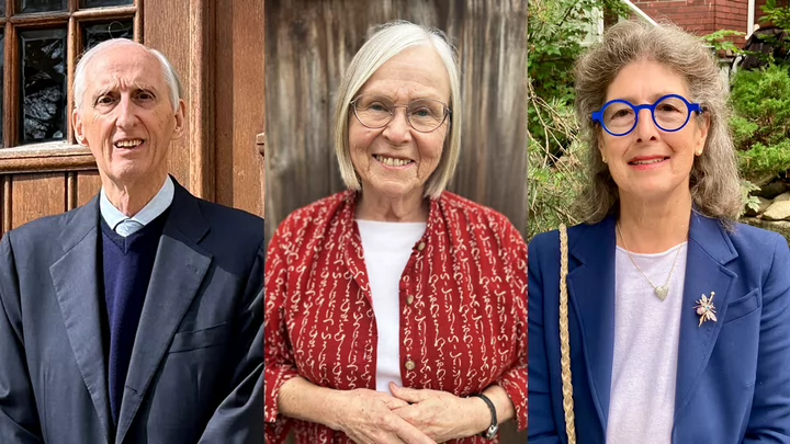 Tryptich image combining portrait photos of the Spring 2024 honourary degree recipients, James Carley, Margaret Lidkea and Eloise Spitzer
