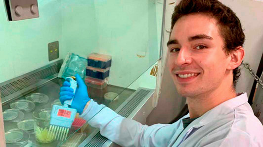 A students uses pipettes to do an experiment.