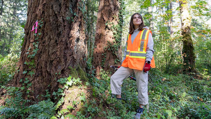 A student wearing a reflective vest stands in the middle of a forest