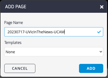 TelemetryTV Add Page Name dialogue box