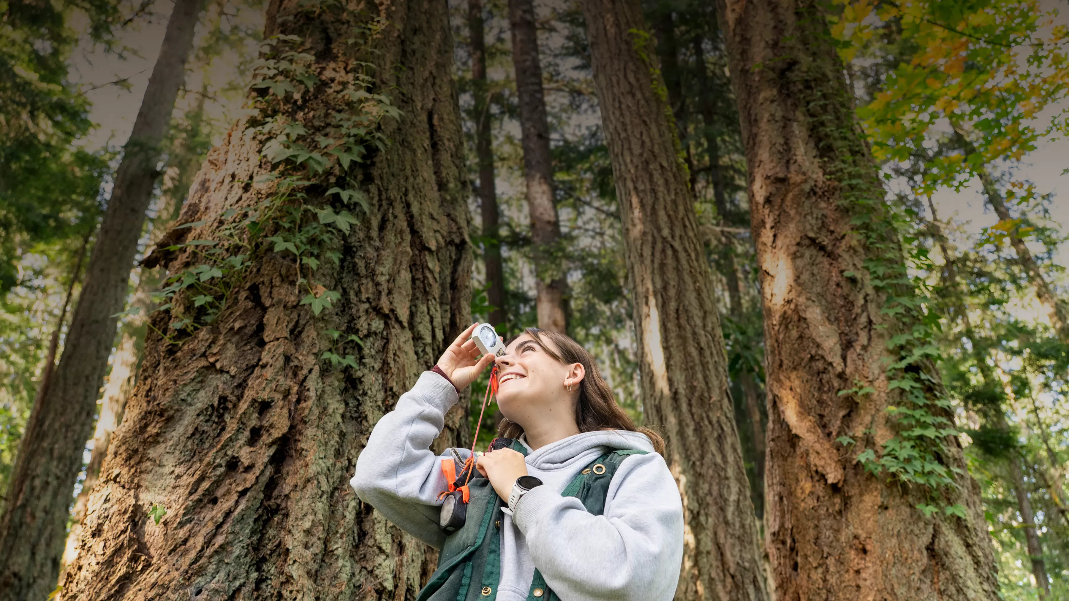 A student looking through a surveying tool in a forested area..