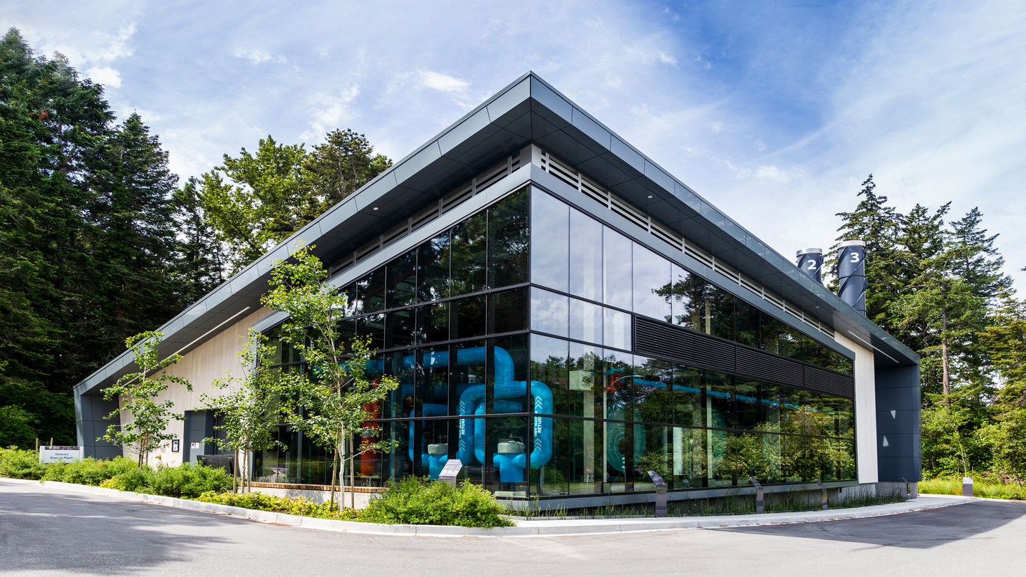 District Energy Plant at UVic. Glass building with colourful interior.