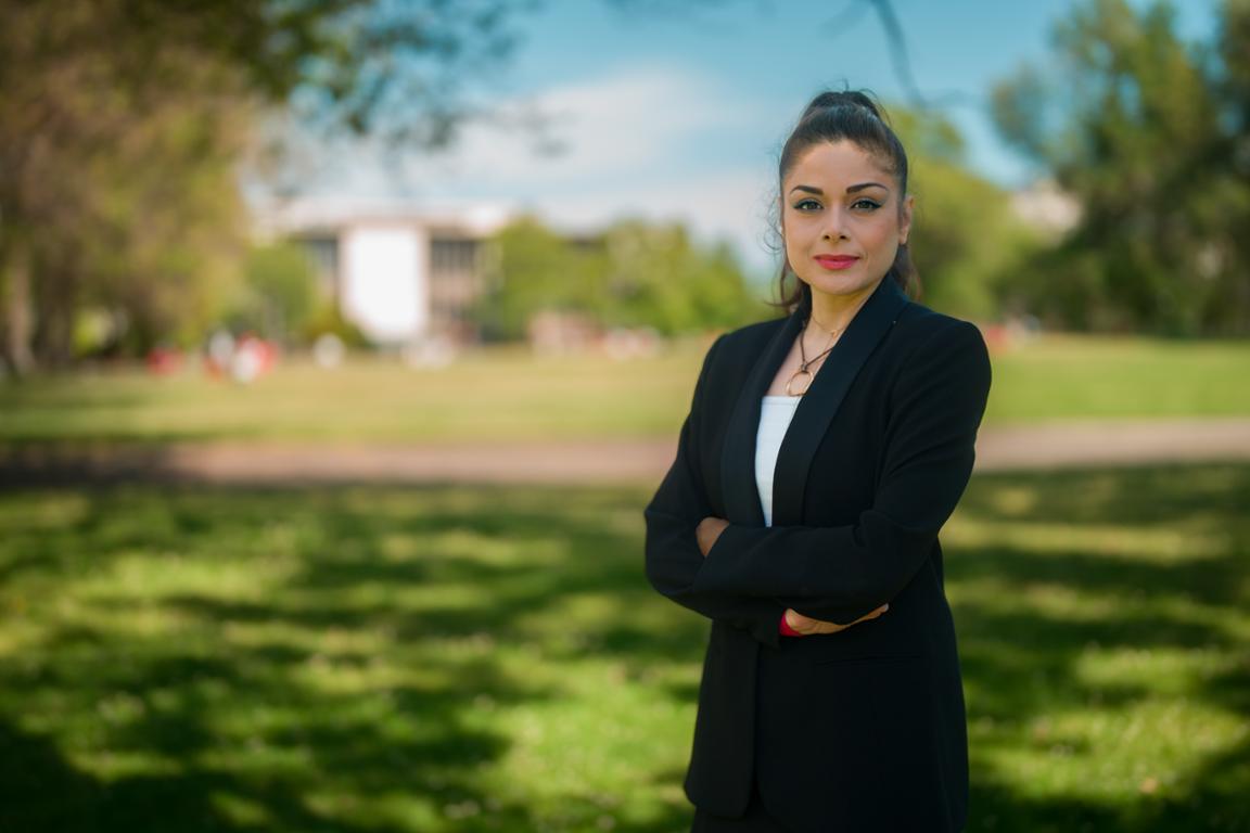 Engineering and Computer Science Dean, Mina Hoorfar standing in front of the UVic Quad Area