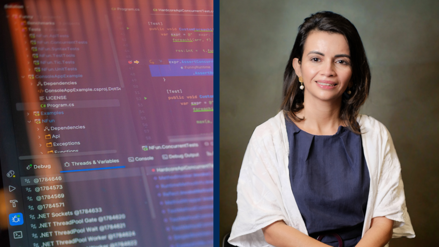 Composite image with Norha Villegas on right, and a computer screen on the left.