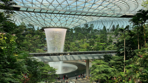 Image of a building with a glass roof and plants inside, with an interior waterfall.
