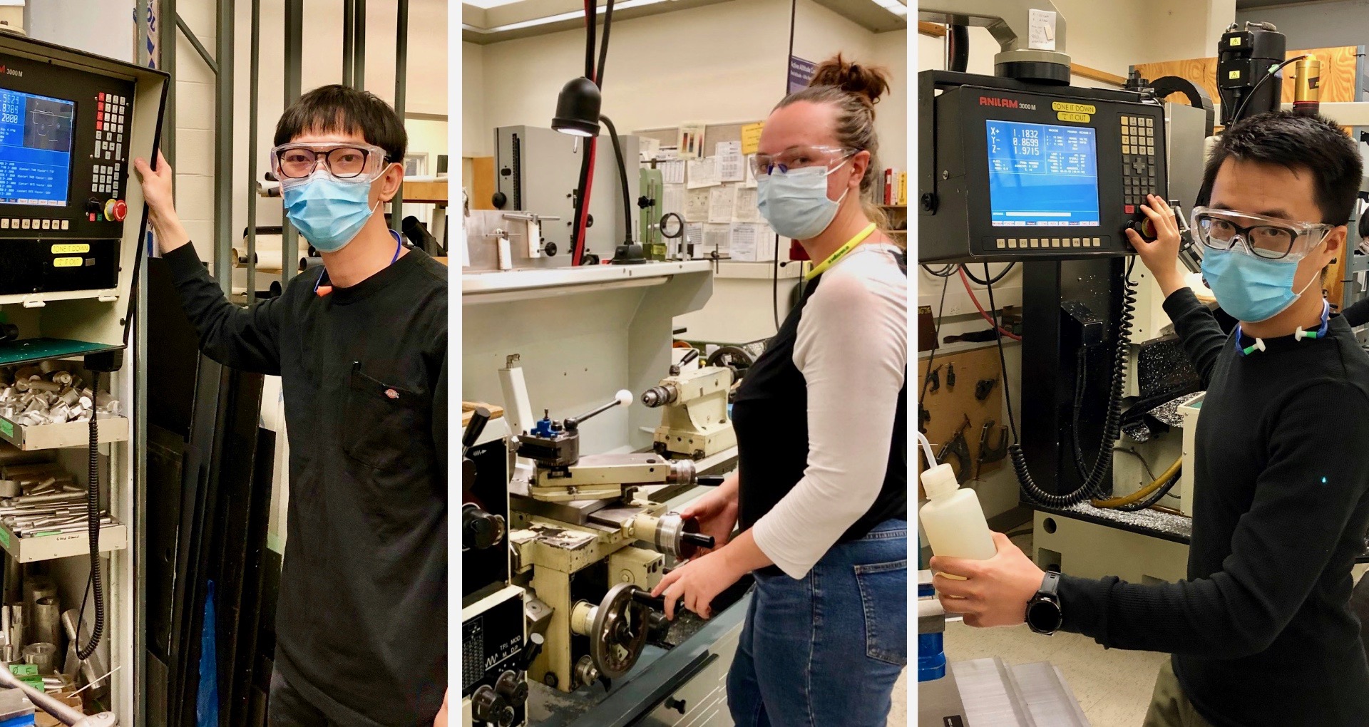 The three co-op students, wearing masks and protective eye gear, work at various machines in the machine shop.