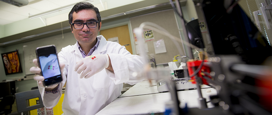 UVic researcher Mohsen Akbari demonstrating his "smart" bandage on his hand and phone