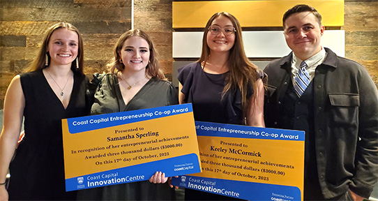 Samantha Sperling and Keeley McCormick from Revyn Medical Technologies receiving their entrepreneurship co-op awards from the Coast Capital Innovation Center.  From left to right: Zoe Crookshank, Samantha Sperling, Keeley McCormick, and Joshua Latimer.  Not in photo: Devon Carmichael. 