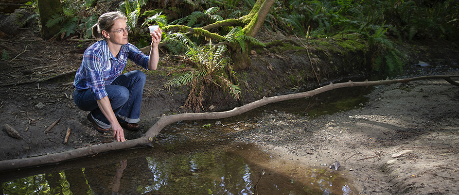 Heather Buckley testing water at a stream