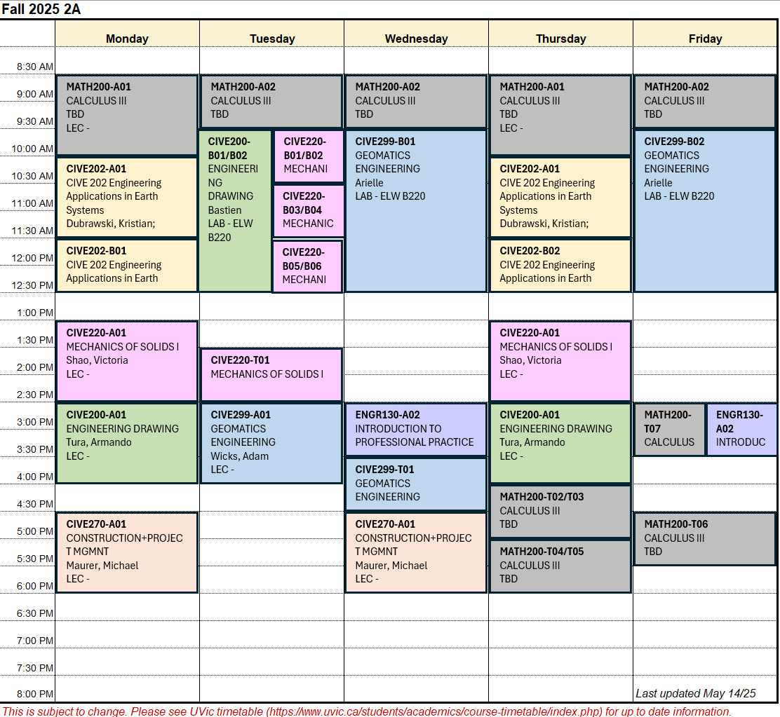 Fall 2025 2A Timetable