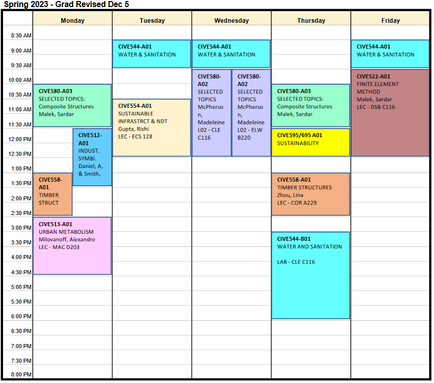 Spring 2023 timetable for Civil Grad students