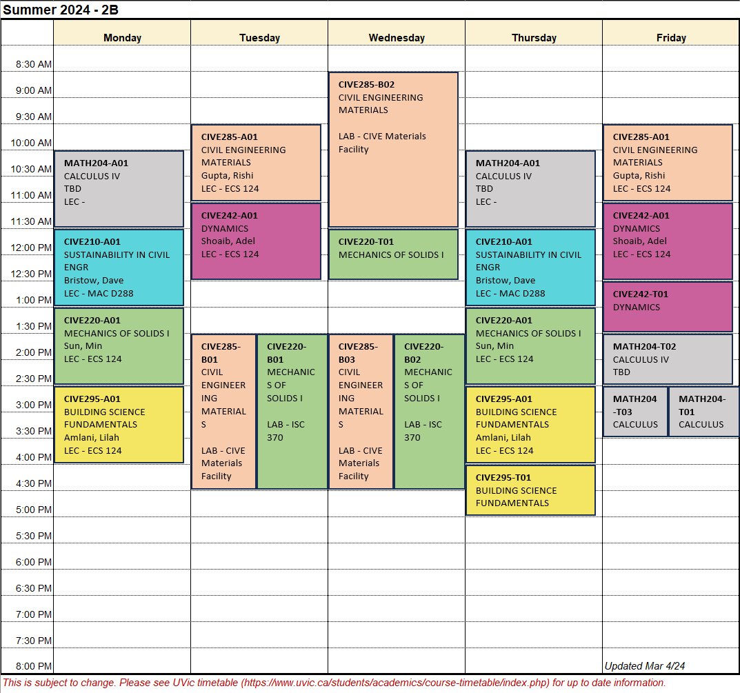 Summer 2024 - 2B timetable