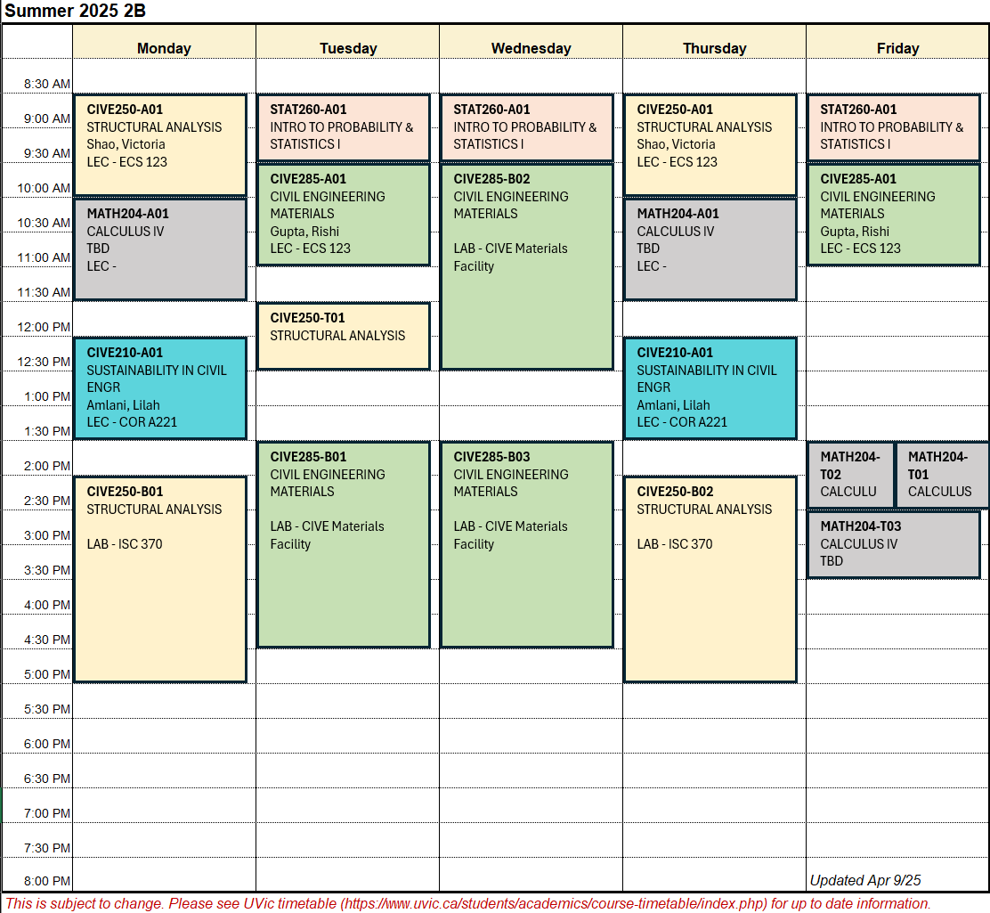 Summer 2025 2B schedule
