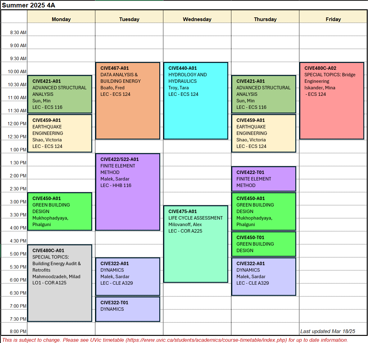 Summer 2025 4a schedule