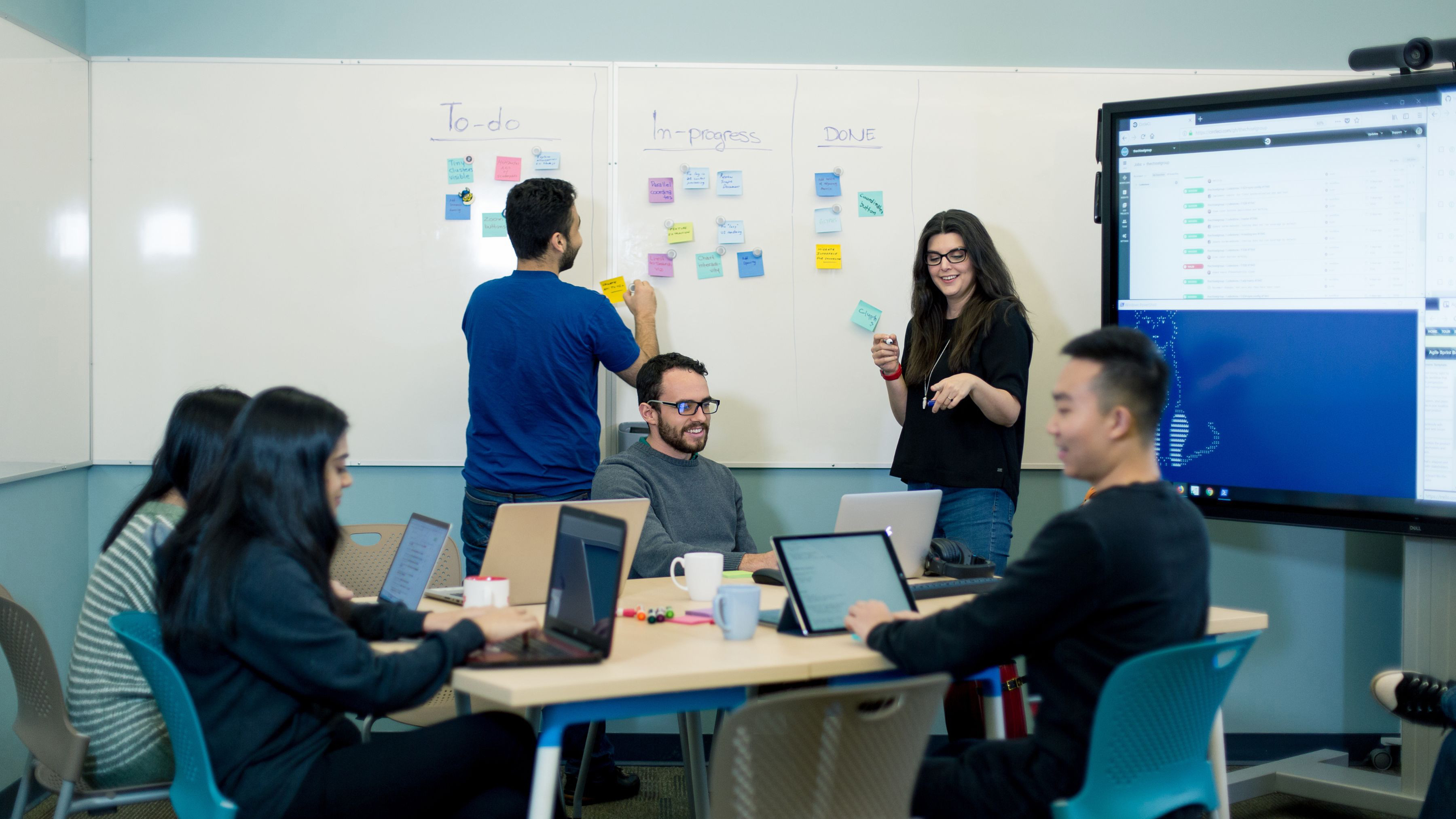 Students around a whiteboard.
