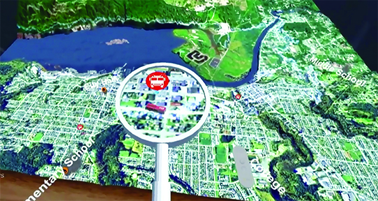 Screenshot of a virtual-reality game featuring a map of Port Alberni