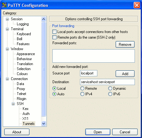 Putty port forwarding window