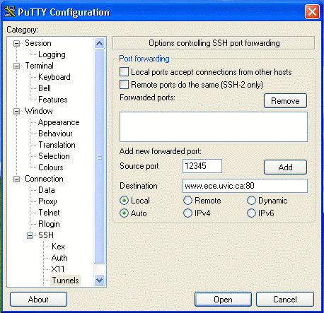 Putty port forwarding window pre-setup