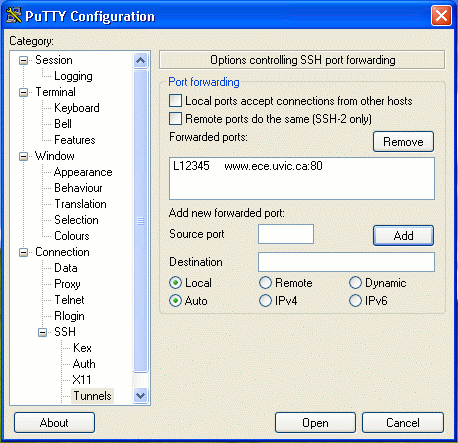 Putty port forwarding window post-setup