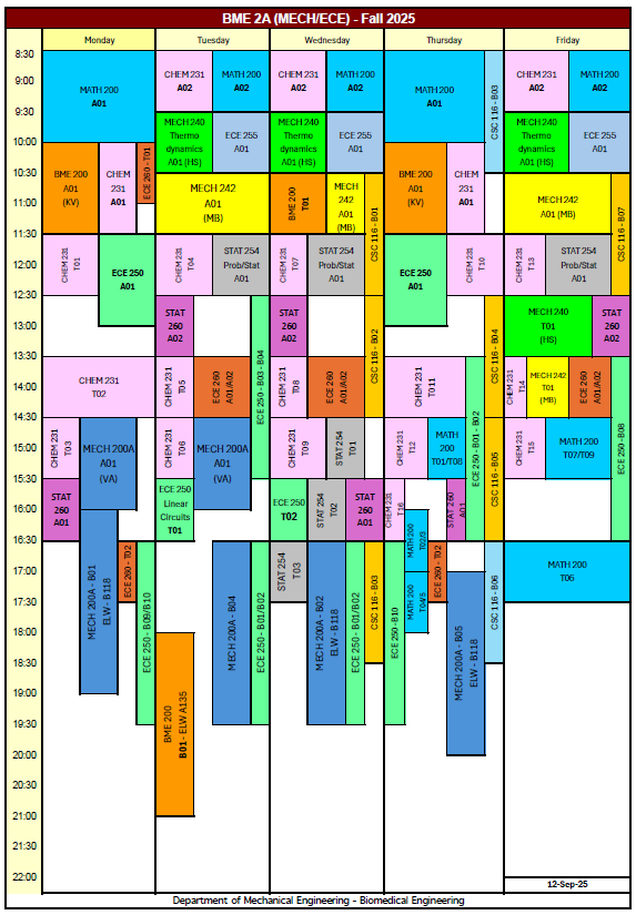 Fall 2025 BME-MECH-ECE 2A Timetable