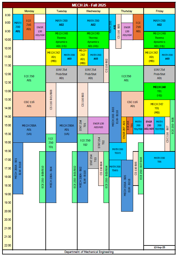 Fall 2025 MECH 2A Timetable