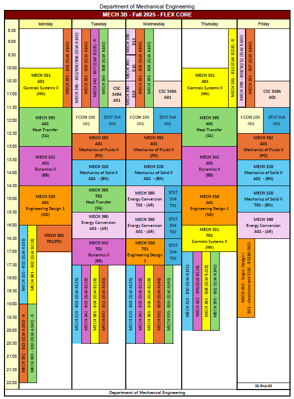 Fall 2025 MECH 3B Timetable