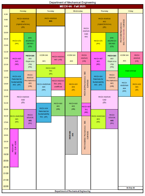 Fall 2025 MECH 4A Timetable