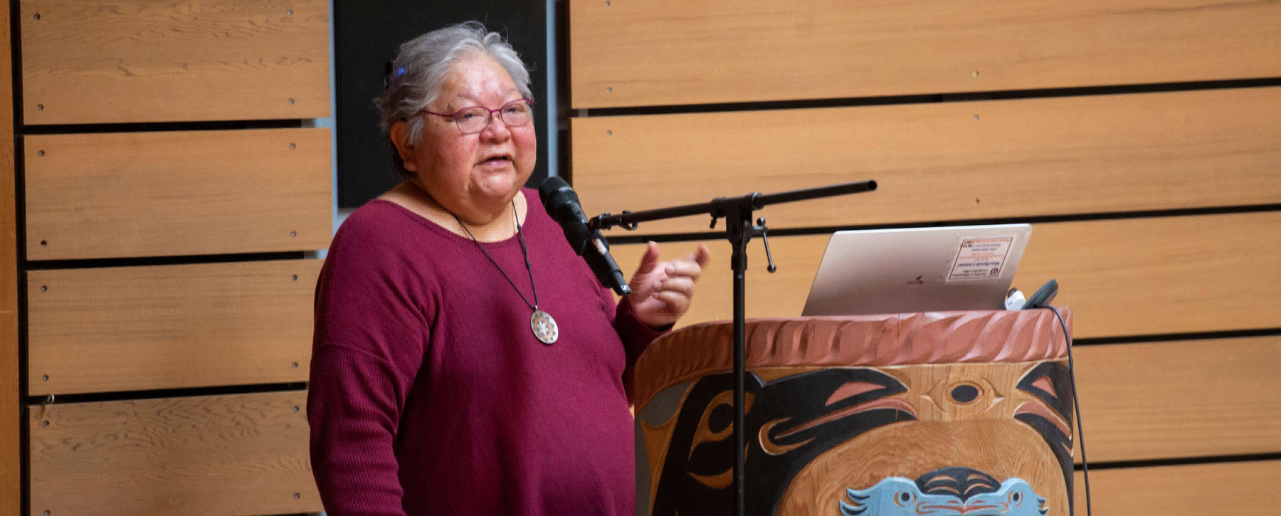 Lorna Williams is pictured speaking at the First Peoples House on campus. She is presenting during an event celebrating Indigenous Language Revitalization in 2022.