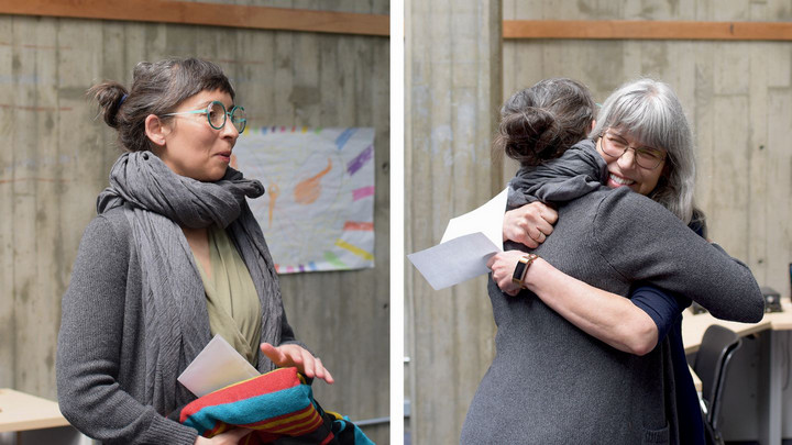 Left: Natasha pictured speaking to the group after receiving her award. Left: Natasha and Michelle Wiebe (award presenter) embrace.