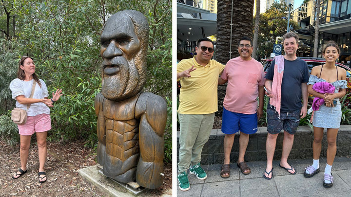 Two images side by side. Left image shows someone standing outdoors next to a large mask sculpture. Right image shows a group photo of four people including Dr. Hector Vazquez-Cordoba