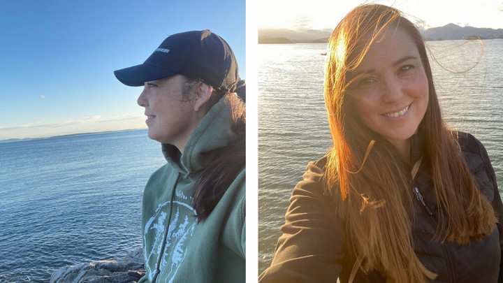 Two side by side separate photos of Corina enjoying the outdoors near water.