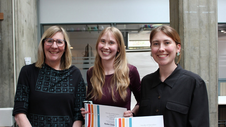 Kerry Robertson, Ali and Rylee Zondervan are pictured together during the 2023 Faculty of Education award ceremony.