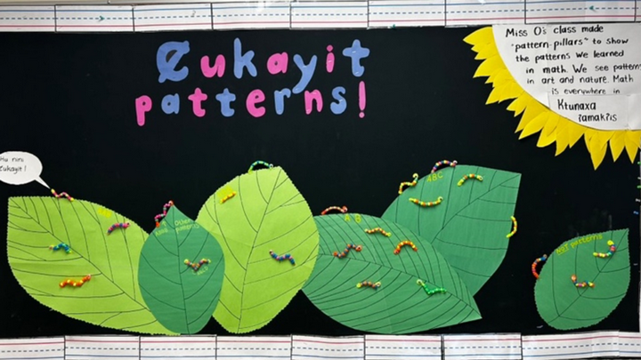 A photo of a corkboard that has been decorated with artwork depicting patterns in nature. There are large green leaves and lots of small, colourful caterpillars. On the right side, it says "Miss O's class made "pattern pillars" to show the patterns we learned in math." 