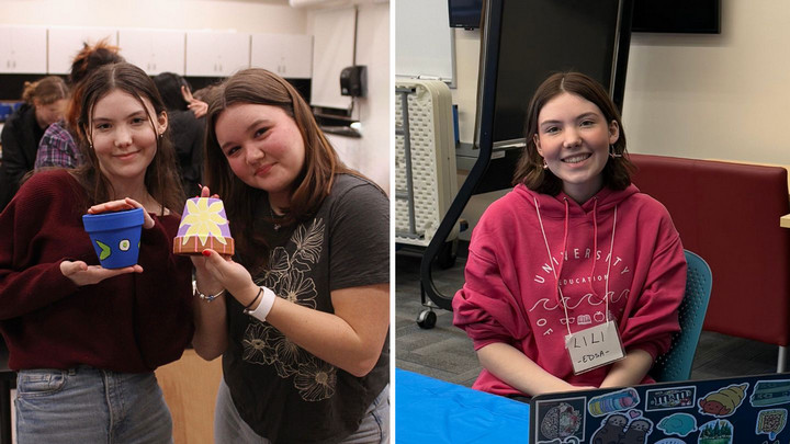 Two images side by side. Left: Two young women smiling, holding painted flower pots in a classroom setting. Right: A young woman in a pink hoodie sits smiling at a table with a laptop adorned with stickers.