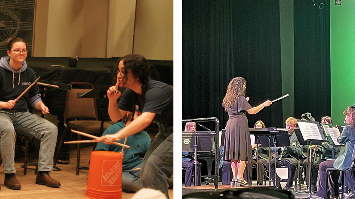 Two photos of Liv, side by side. In one she leads a drumming workshop on homemade bucket drums. In the other she leads a symphony. 