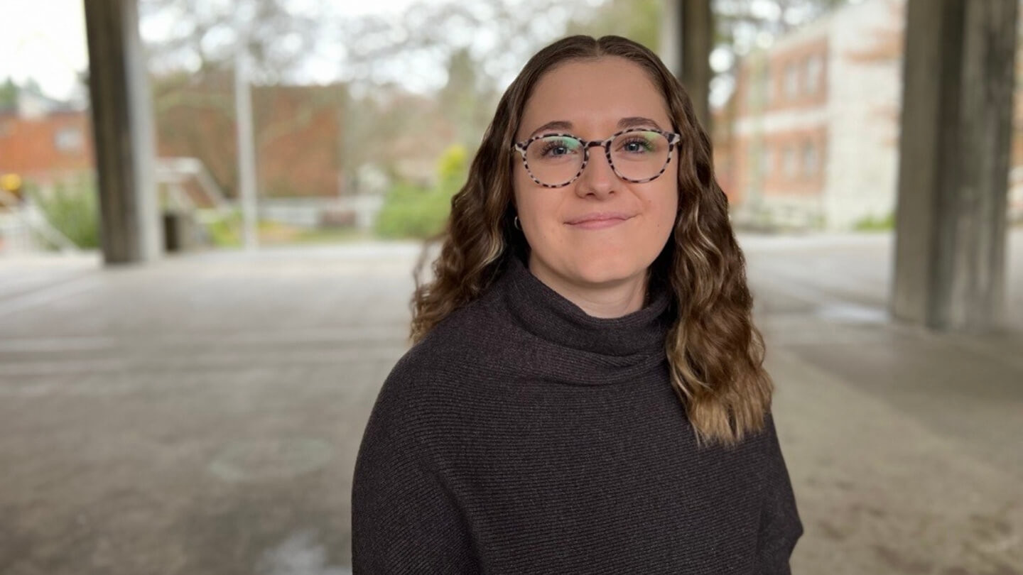 Undergraduate student Merah Gasmo is pictured outside the Maclaurin Building.