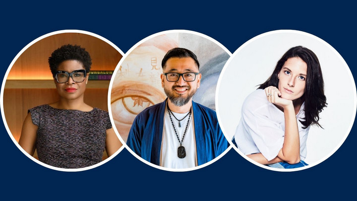 Three individual portraits of speakers from this series. From left to right, Wendi Williams, Kazu Haga, Laura Francois