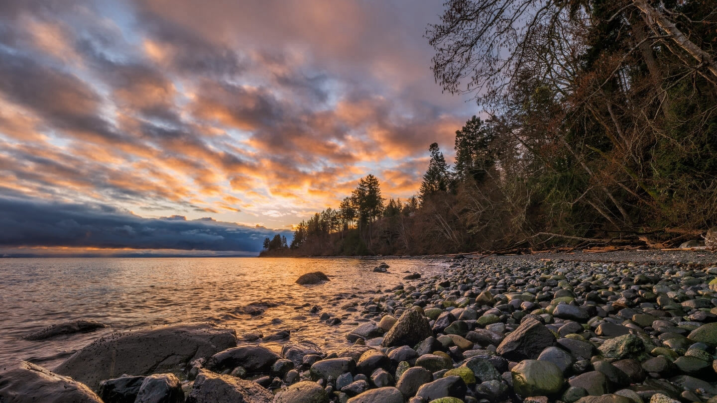 A nature shot of a rocky beach at sunset.