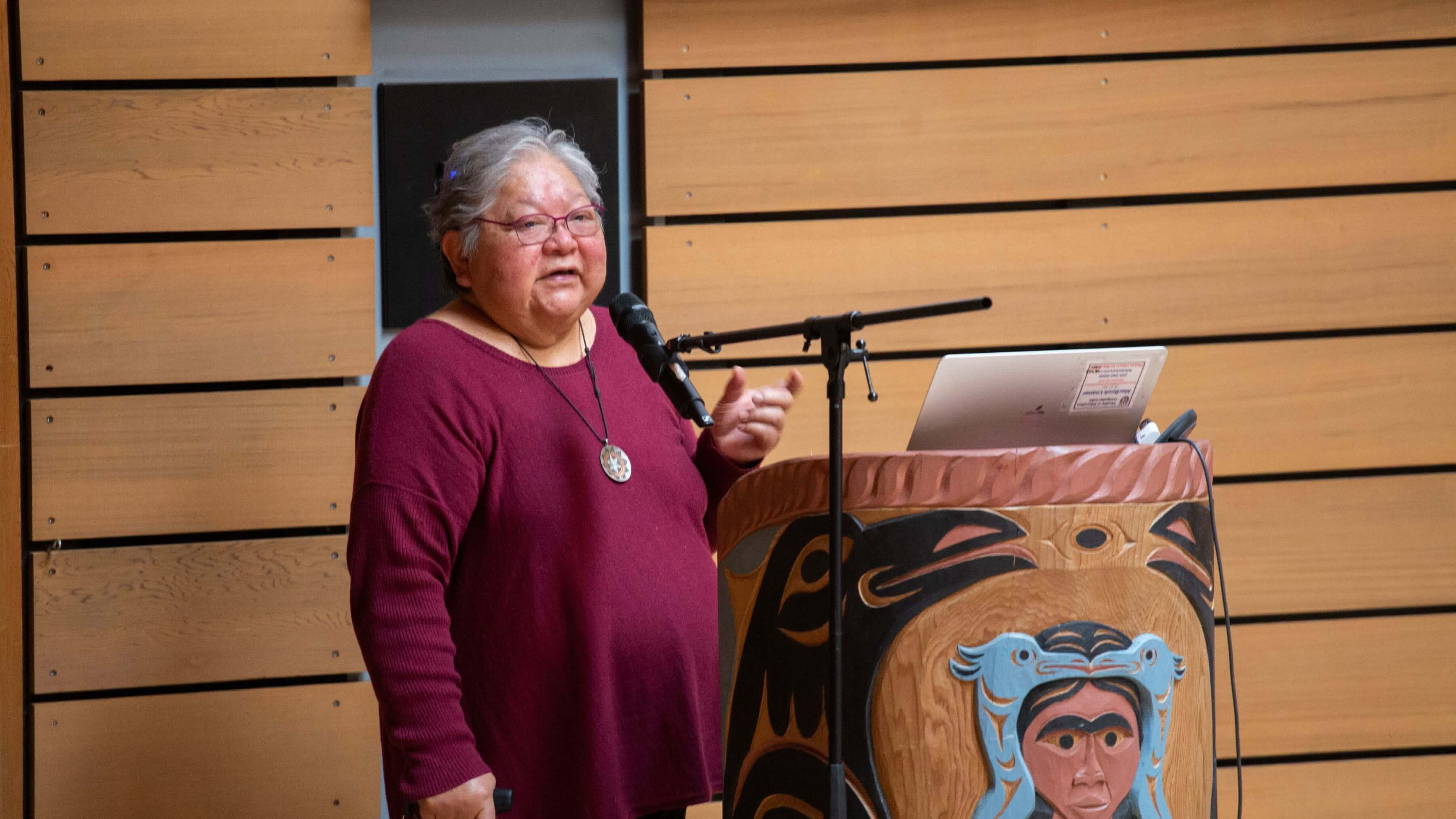 Dr. Lorna Wanosts’a7 Williams speaking during an Indigneous Language Revitalization event held at First Peoples House in April 2023.