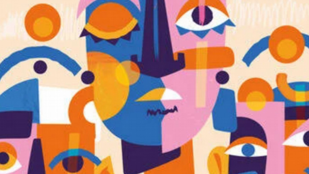 A colourful abstract geometric mural in blues, pinks, and oranges, depicting several faces.